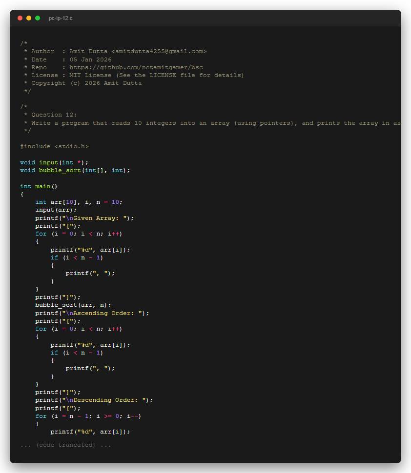 Question 12: Write a program that reads 10 integers into an array (using pointers), and prints the array in ascending and descending order.